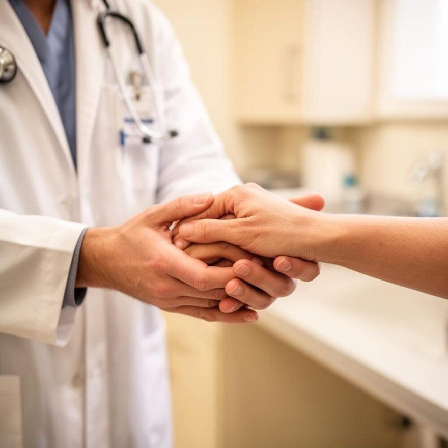 Compassionate doctor offering a reassuring handshake to a patient recovering from a car accident