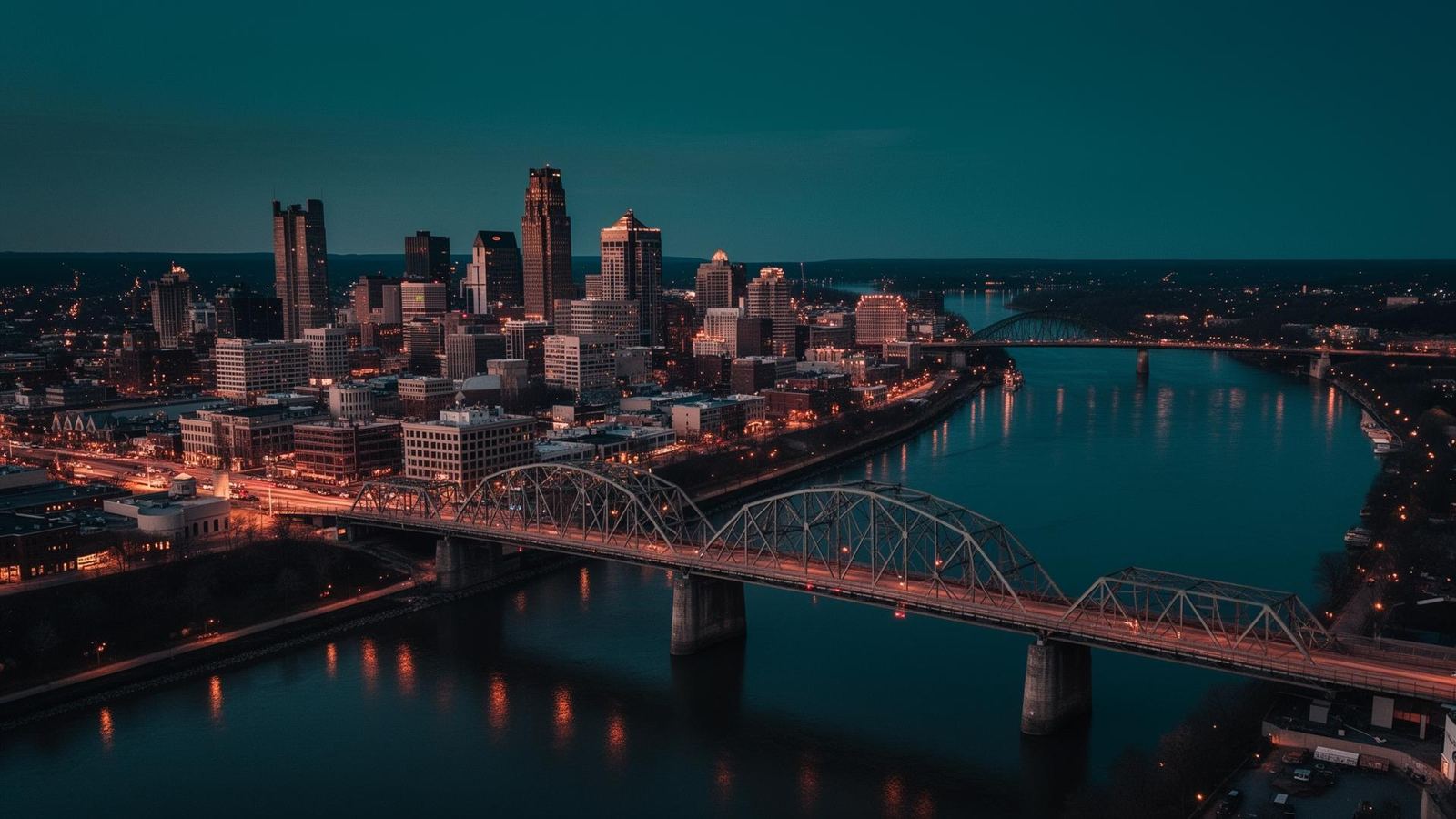 Louisville Kentucky skyline at twilight along the Ohio River