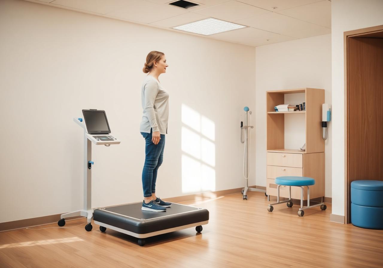 Patient standing on a computerized balance platform for posturography testing