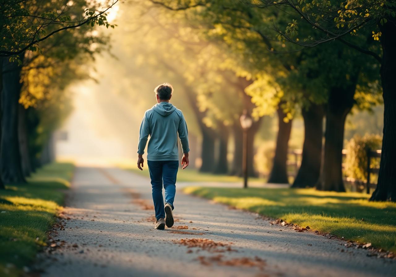 Person walking on a tree-lined path in soft morning light, representing recovery and return to daily life