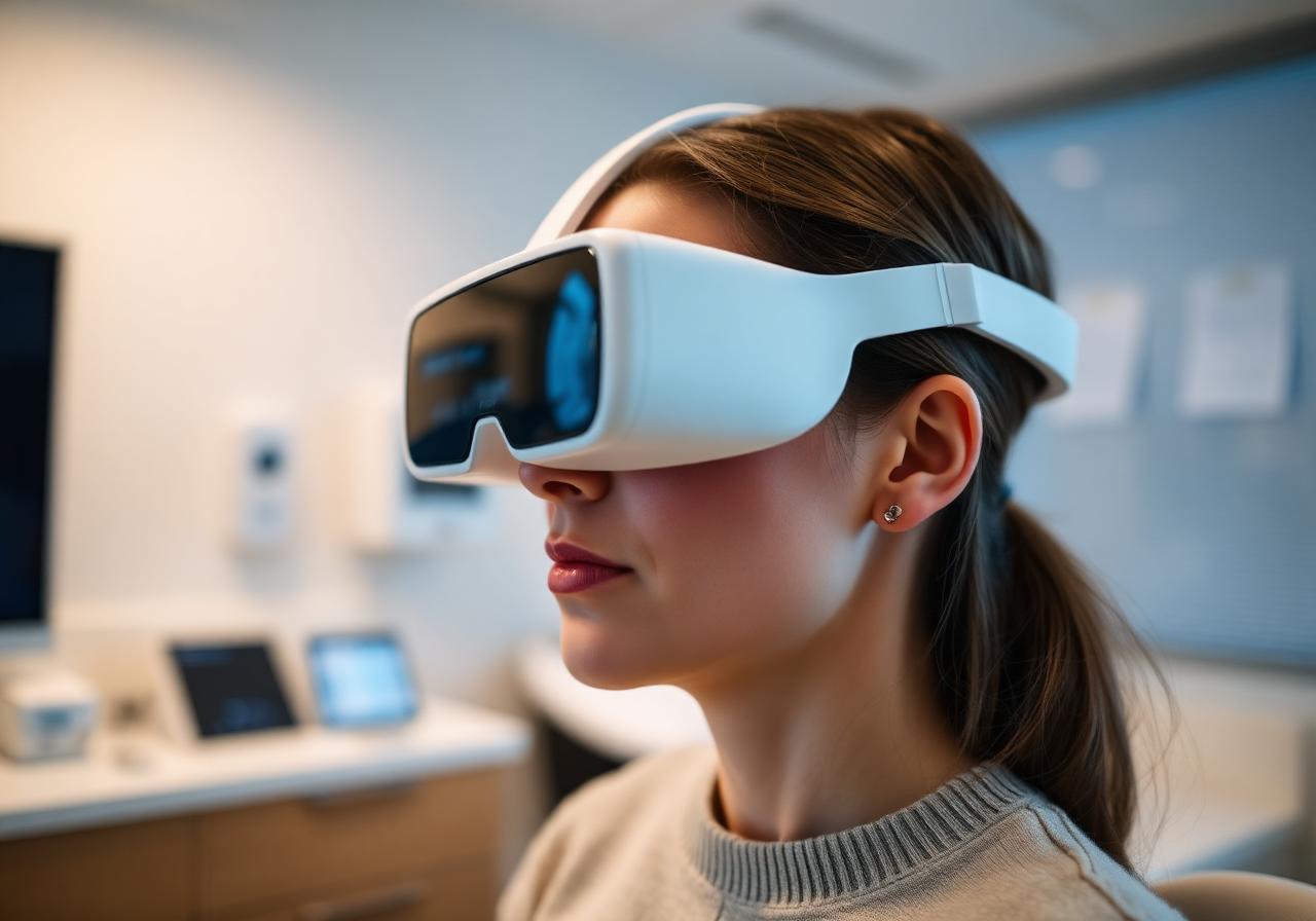 Patient wearing VNG goggles during a vestibular evaluation